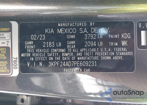 2023 Kia Forte Lx from USA, damaged, VIN 3KPF24AD7PE609231